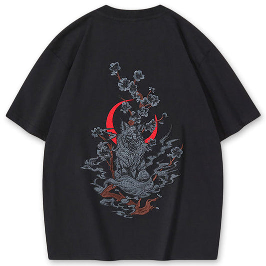 Moonlight Kitsune Embroidered T-shirt