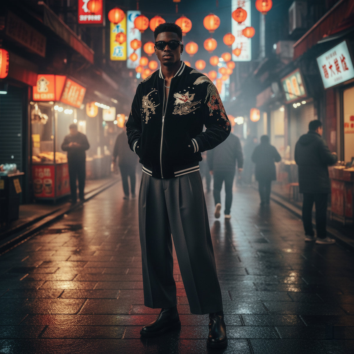 Kitsune Spirit Sukajan Bomber Jacket (Black & Red)